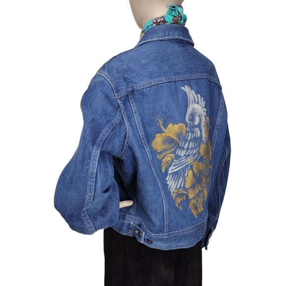 Vintage 80s Lee Artsy Denim Hand Painted Cockatoo Flowers Trucker Jean Jacket - Picture 3 of 10